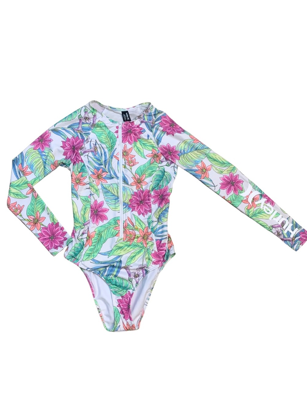 Hurley Zip Front Floral Surf Suit Moderate Long Sleeves White Pink Rash Guard